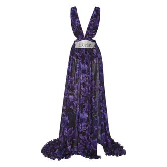 Philipp Plein Avondjurk Flowers - Dames - Avondkleed - Paars - L - Polyester - Kleedjes