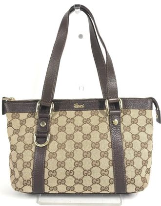 Gucci Beige Dark Brown Gg Canvas Leather Handbag Shoulder Bag Tote Bag (Pre-Owned)