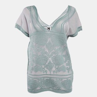 M Missoni Ice Blue Lurex Textured Knit V-Neck Top L
