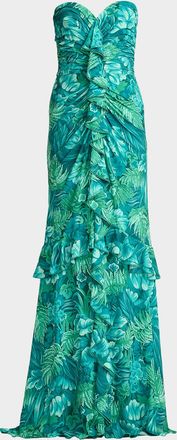Tadashi Shoji Strapless Botanical-Print Ruffle Gown