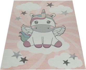 Paco Home Kinderteppich »Cosmo 395« rechteckig 12 mm Höhe 3D-Design, niedliches Einhorn Motiv, Pastell-Farben, Kinderzimmer