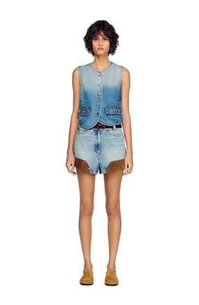 Sandro Cropped studded denim vest in Blue Jean at Nordstrom, Size 40 Eu