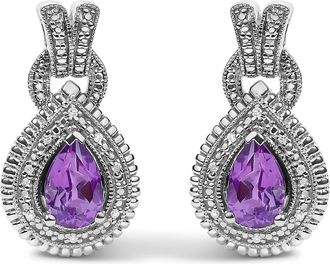 House of Brilliance Sterling Silver Pear Cut Amethyst and Diamond Accent Teardrop Stud Earrings