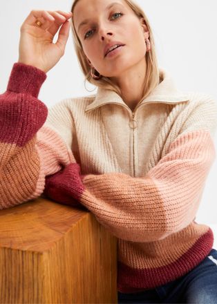 Bonprix Troyer BONPRIX, Damen, Gr. 32/34 (XS), beige (creme, altrosa, bordeaux quer gestreift), Obermaterial: 76% Polyacryl, 24% Polyester, mehrfarbig, oversi