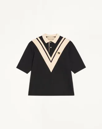 Valentino Valentino Cotton Polo with Inlaid V and Embroidered Panther Patch