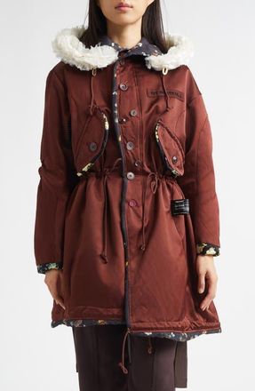 Undercover Mixed Media Silk Parka in Dark Brown at Nordstrom, Size 1