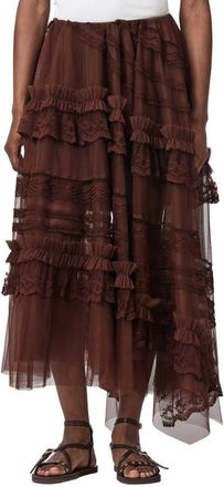 AllSaints Jen Ruffle Lace Midi Skirt in Hot Choc Brown at Nordstrom, Size 12