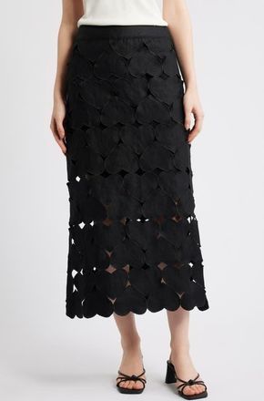 Farm Rio Black Hearts Linen Midi Skirt at Nordstrom, Size Medium
