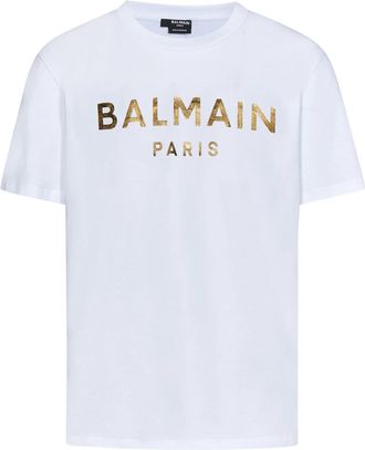Balmain Mens Gold Logo Printed T-Shirt in White Cotton - Size X-Large