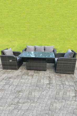 Fimous Rattan Outdoor Lifting Adjustable Dining Coffee Table Sets Lounge Sofa Recling Chairs in Dark Grey