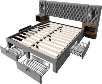 Urban Meuble Cama doble gris con cabecero tapizado y espacio de almacenamiento