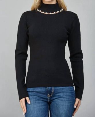 Fate Marta Pearl Turtleneck Top In Black