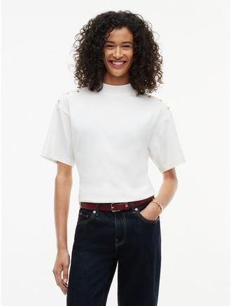 Tommy Hilfiger Womens Gold-Button Slim Fit Mockneck T-Shirt - Ecru - XL