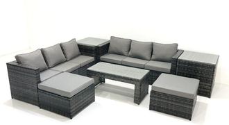 Fimous Garden Outdoor Rattan Furniture Set with Sofa Coffee table 2 Big Footstools 2 Side Tables Dark Grey Mixed - Fimous