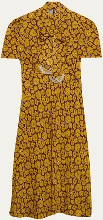 Prada Sable Floral Long Dress with Scarf Tie