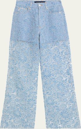 Veronica Beard Taylor Sheer Floral Wide-Leg Jeans