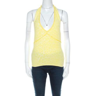 Blumarine Yellow Animal Patterned Jacquard Bead Embellished Backless Halter Top