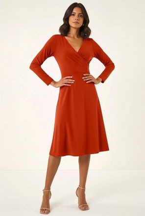 Roman Gathered Mock Wrap Midi Dress