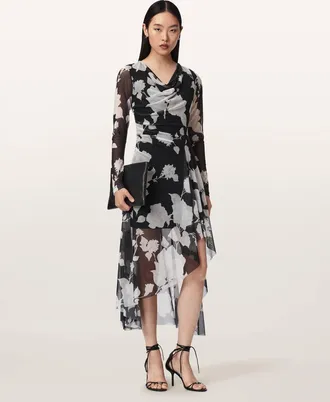 AllSaints Polyester Loria Draped Mesh Midi Dress, Size: UK 14/US 10