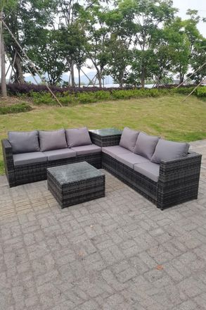 Fimous Dark mixed Grey Outdoor Rattan Garden Furniture Set Corner Sofa 2 Tables in Dark Grey