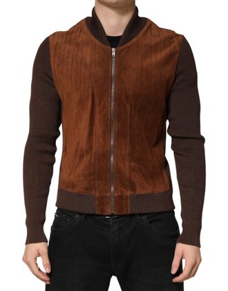 Dolce & Gabbana Mens Brown Velvet Calfskin Full Zip Biker Jacket Cotton Clothing