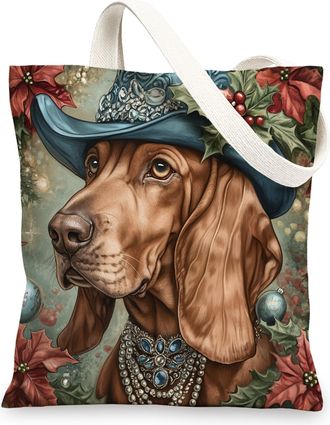 Generic Vintage Christmas Bloodhound Dog Canvas Tote Bag for Shopping 13x15, Retro Xmas Puppy Reusable Grocery Print Pattern Bag for Women, Pet Beach Aestheti