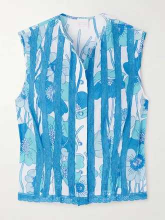 Loretta Caponi Top In Voile Di Cotone Floreale Con Finiture In Pizzo - Blu