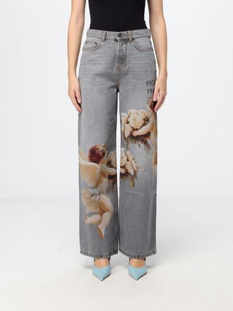 Fiorucci Jeans wide leg a vita alta in denim di cotone con stampa grafica