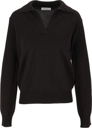 Kangra Cashmere Black Long-Sleeve Open V-Neck Polo Shirt