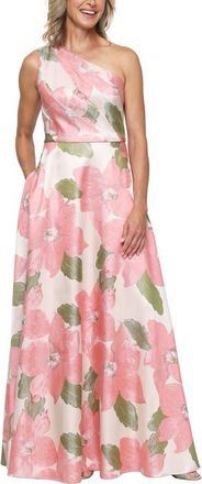 Alex Evenings Print Jacquard One-Shoulder Gown in Coral at Nordstrom, Size 12