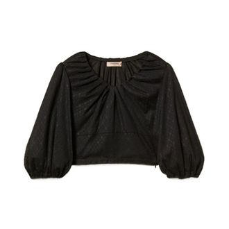 Twinset Blouses, female, Black, Size: XS Wide-Neck Tulle and Mussola Blouse