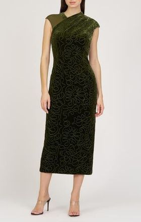 JS Collections Emiliana Asymmetric Velvet Midi Dress in Ivy Green at Nordstrom Rack, Size 14