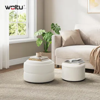 Woltu Woltu 2x Pouf Contenitore Rotondi Con Coperchio Reversibile E Removibile In Velluto A Nuvola, Bianco