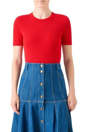 Akris Back Cutout Short Sleeve Stretch Virgin Wool Rib Sweater in Bright Red at Nordstrom, Size 10