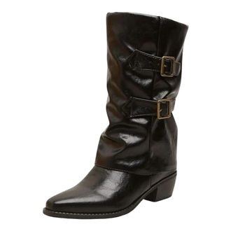 Generic Womens Retro Mid Calf Boots Pointed Toe High Block Heel Slip On Design With Metal Decoration Belt Buckle Daily Wear