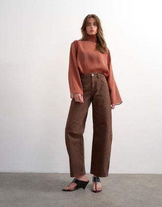 Topshop Barrel - Jeans a vita alta color cioccolato-Blu