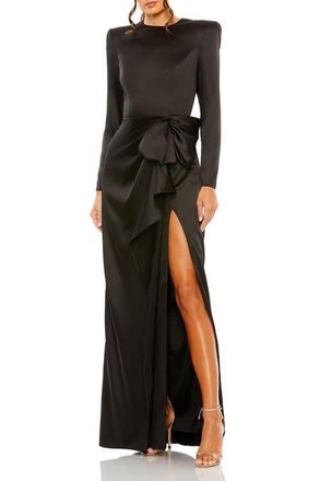 Mac Duggal Petite Long Sleeve Satin Structured Bow Draped Column Gown in Black at Nordstrom, Size 10P