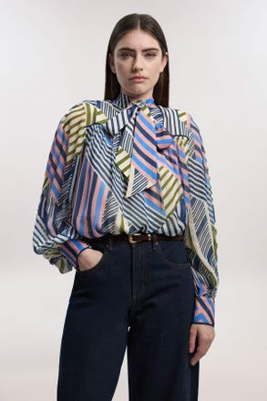Karen Millen Womens Geo Printed Viscose Georgette Pussybow Woven Blouse - Multicolour - Size 14 UK