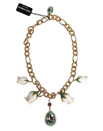 Dolce & Gabbana Gouden Messing Korte Ketting Bloem Kristal Hanger Halsketting