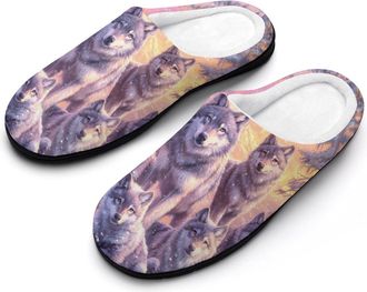 Generic Wolf Snow Mountains Sunset Mens Slippers Slip On Comfortable Fleece Cotton House Shoes Winter