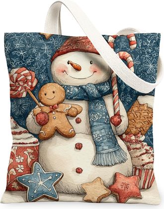 Generic Snow Man Canvas Tote Bag, Cute Holiday Pattern Reusable Shopping Bags, Fanciful Festive Lightweight Washable Shoulder Bags, Blue, 13x15 Inch
