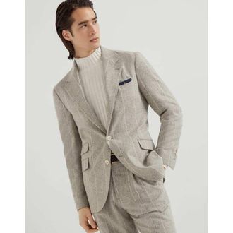 Brunello Cucinelli Mens Rock Salt Wool Silk Blend Pinstripe Blazer, Size 46