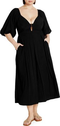 City Chic Shae Keyhole Detail Balloon Sleeve Midi Dress in Black at Nordstrom, Size Xs