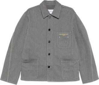 Givenchy Jassen, Heren, Grijs, L, Denim, Jas in visgraatdenim met borduursel Parijs