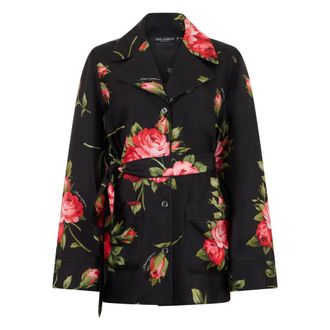 Dolce & Gabbana Light Jackets, female, Black, Size: XL Rose bouquet-print vanity twill shirt