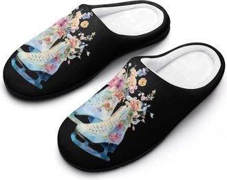 Generic Watercolor Floral Ice Skates Mens House Slippers Memory Foam Washable Cotton Slip on Home Shoes