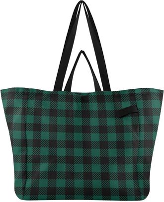 Generic Black Green Checkered print Reusable Canvas Tote Bag, Heavy Duty Grocery Shopping Bag with Hard Bottom Double Handles Large Capacity Work Groceries Tr