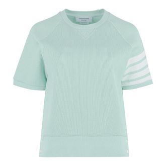 Thom Browne T-Shirts, female, Green, Size: 2XS Striped Cotton T-shirt with Ribbed Edges