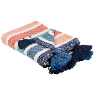 Beliani Beliani - Manta Rojo Azul Blanco 130 X 150 Cm Poli&eacute;ster Pet Patr&oacute;n A Rayas Borlas Senbuk