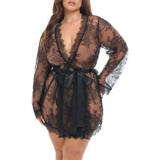 Oh l&agrave; l&agrave; Ch&eacute;ri Amor&eacute; Lace Satin Bow Robe in Black at Nordstrom, Size 1X